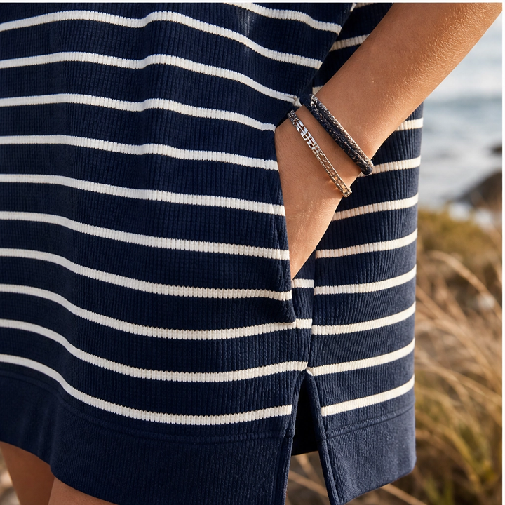 Belmare™ – Ribbed Knit Half-Zip Striped Cap-Sleeve Mini Dress with Pockets + 50% OFF