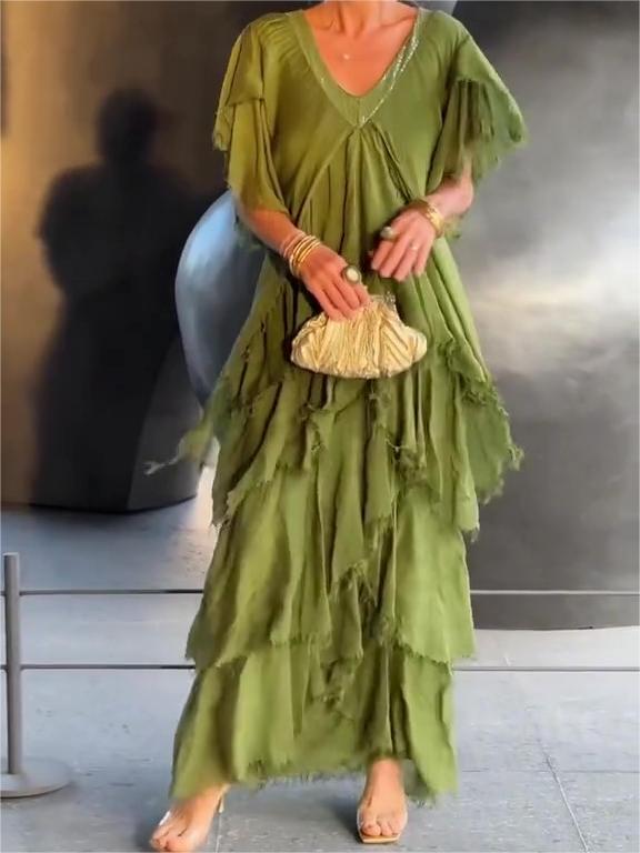 The AuraFlow Maxi Dress - Elegant V-Neck, Tiered Ruffle Skirt, and Off Sale + 50% OFF