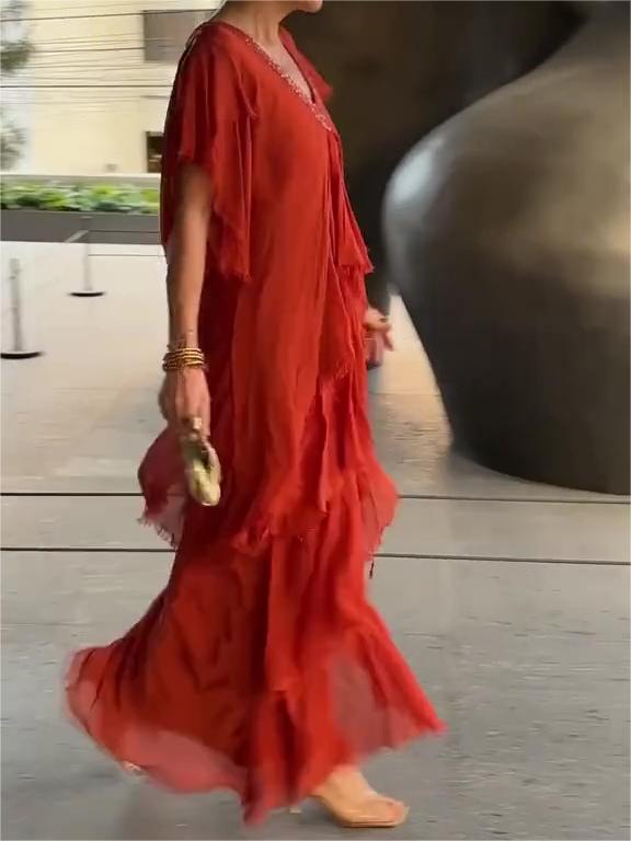 The AuraFlow Maxi Dress - Elegant V-Neck, Tiered Ruffle Skirt, and Off Sale + 50% OFF