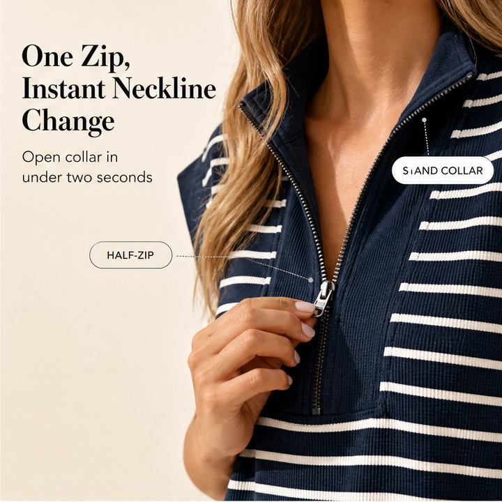 Belmare™ – Ribbed Knit Half-Zip Striped Cap-Sleeve Mini Dress with Pockets + 50% OFF