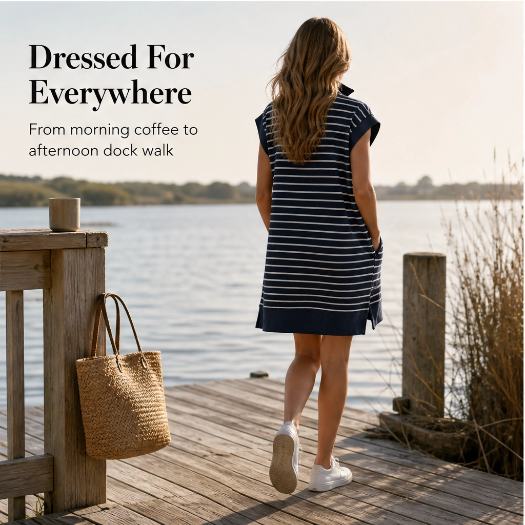 Belmare™ – Ribbed Knit Half-Zip Striped Cap-Sleeve Mini Dress with Pockets + 50% OFF
