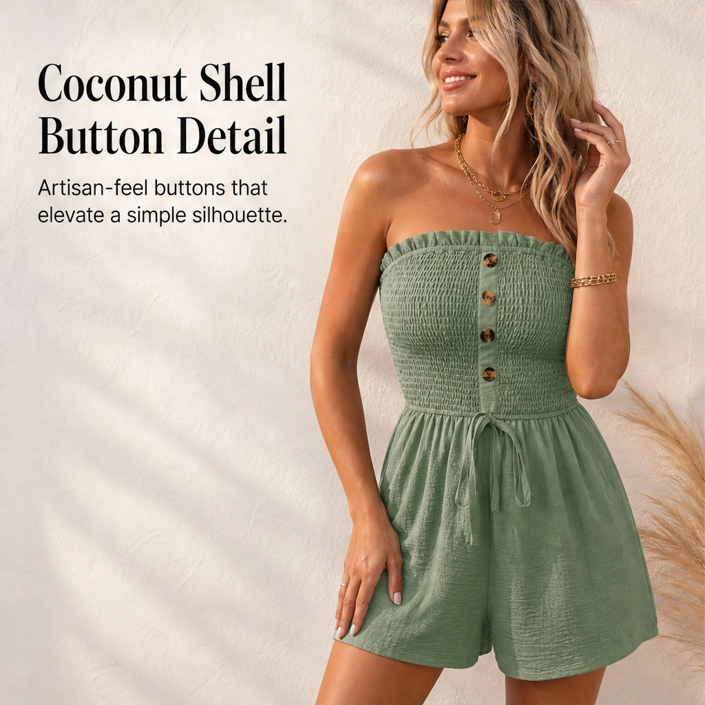 Soléa – Smocked Strapless Wide-Leg Romper with Tie Waist + 50% OFF
