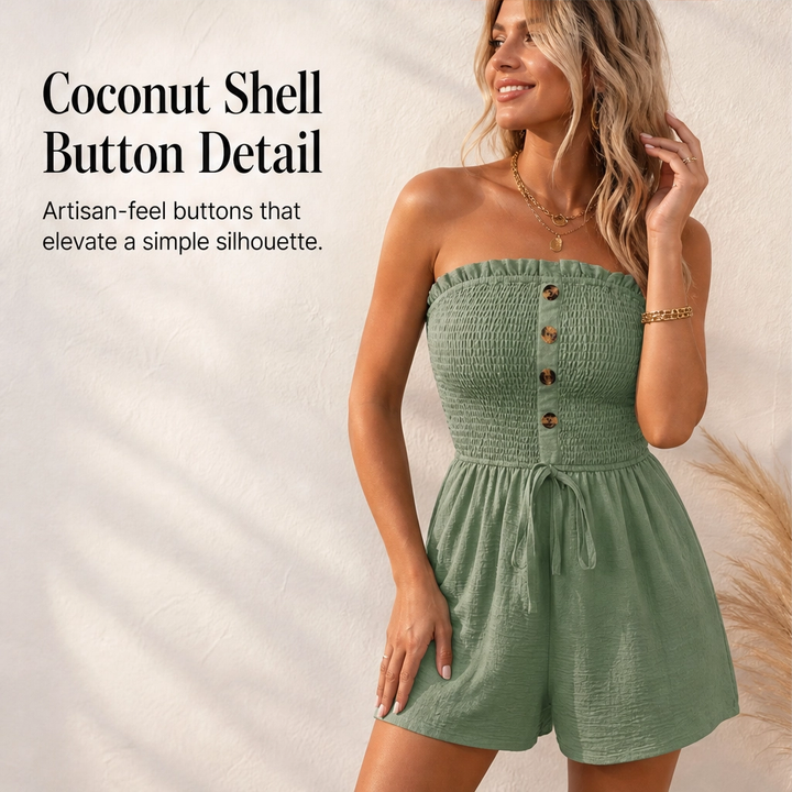 Soléa – Smocked Strapless Wide-Leg Romper with Tie Waist + 50% OFF