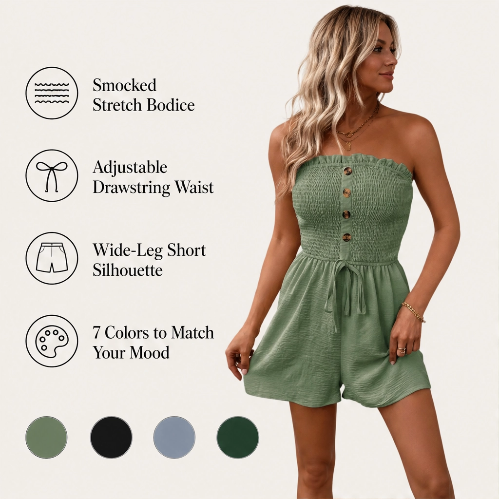 Soléa – Smocked Strapless Wide-Leg Romper with Tie Waist + 50% OFF