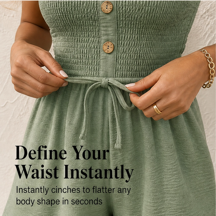 Soléa – Smocked Strapless Wide-Leg Romper with Tie Waist + 50% OFF