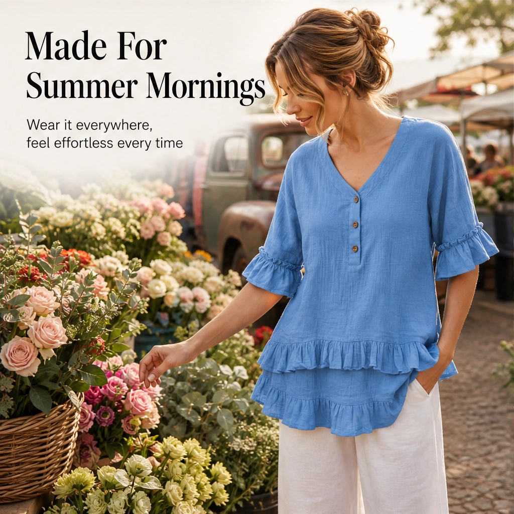 Lirelle – Breathable Linen-Blend V-Neck Ruffle Top + 50% OFF