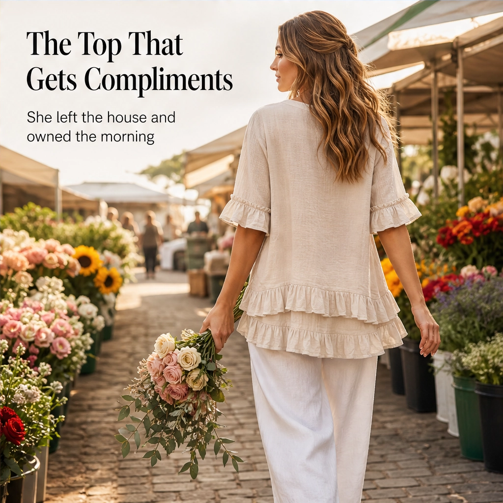 Lirelle – Breathable Linen-Blend V-Neck Ruffle Top + 50% OFF