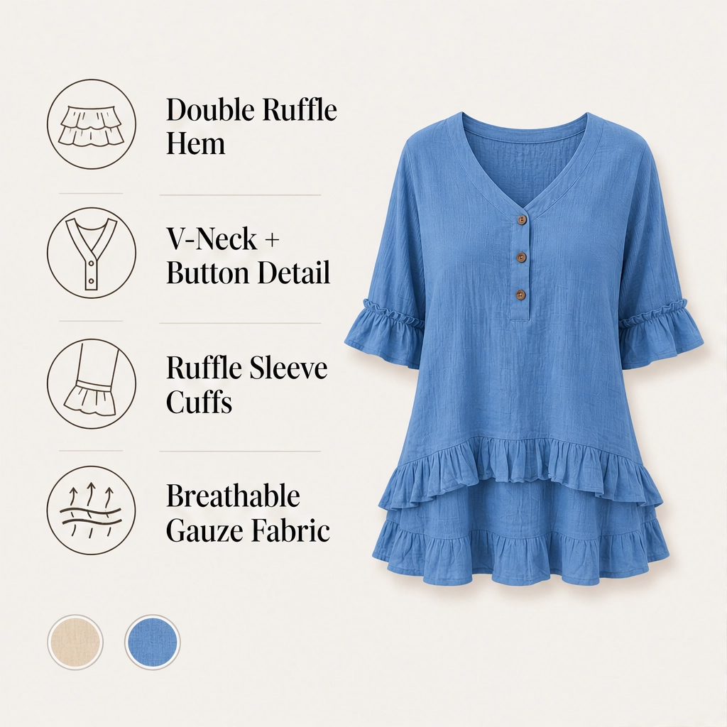 Lirelle – Breathable Linen-Blend V-Neck Ruffle Top + 50% OFF