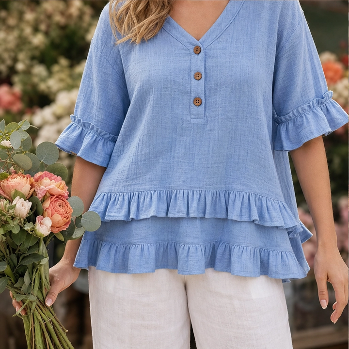 Lirelle – Breathable Linen-Blend V-Neck Ruffle Top + 50% OFF