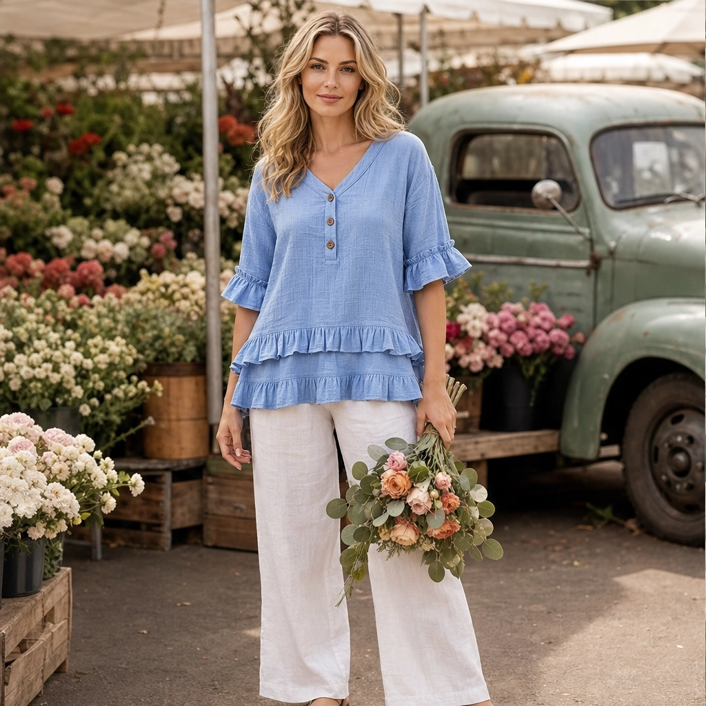 Lirelle – Breathable Linen-Blend V-Neck Ruffle Top + 50% OFF