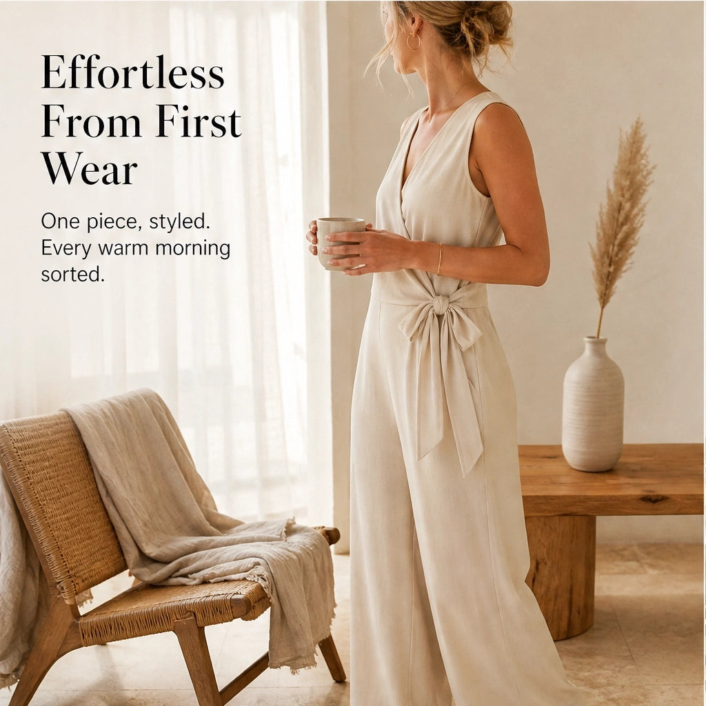 Seralina – V-Neck Knot-Waist Wide-Leg Jumpsuit + 50% OFF