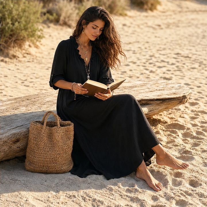 Marisol – Ruffle V-Neck A-Line Maxi Dress with Pockets, Lightweight &amp; Flowy + 50% OFF