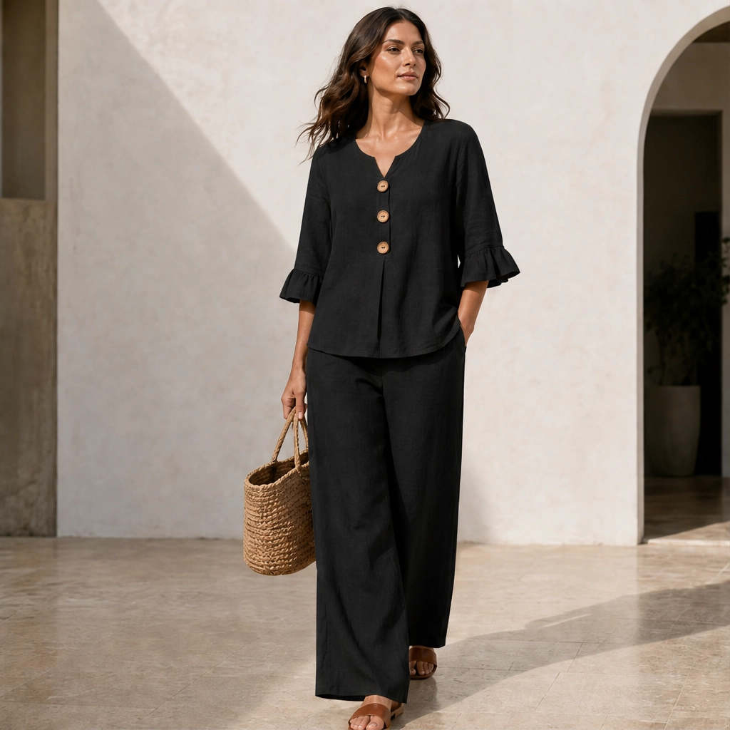 Linvelle – Ruffle-Sleeve Linen-Blend Wide-Leg Lounge Set + 50% OFF