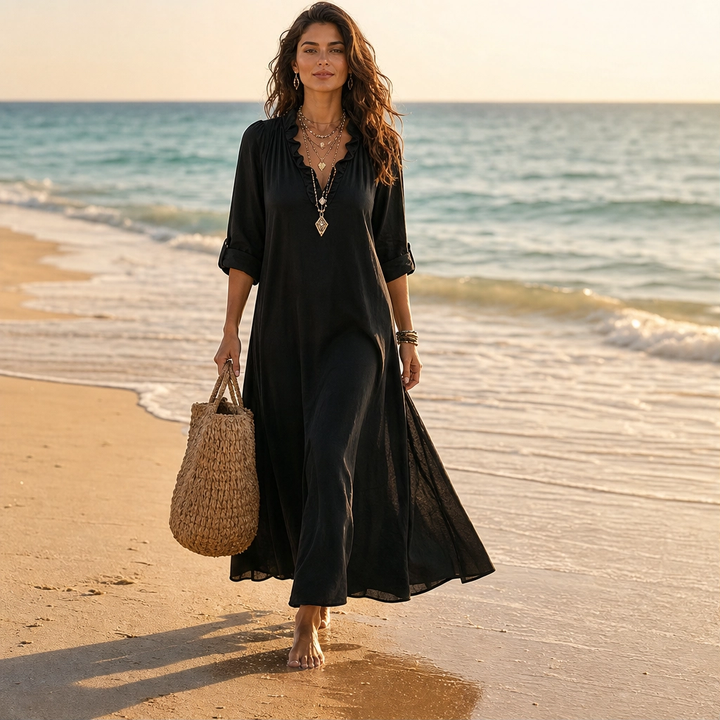 Marisol – Ruffle V-Neck A-Line Maxi Dress with Pockets, Lightweight &amp; Flowy + 50% OFF