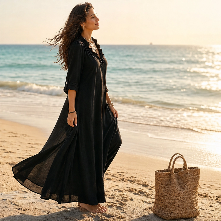 Marisol – Ruffle V-Neck A-Line Maxi Dress with Pockets, Lightweight &amp; Flowy + 50% OFF
