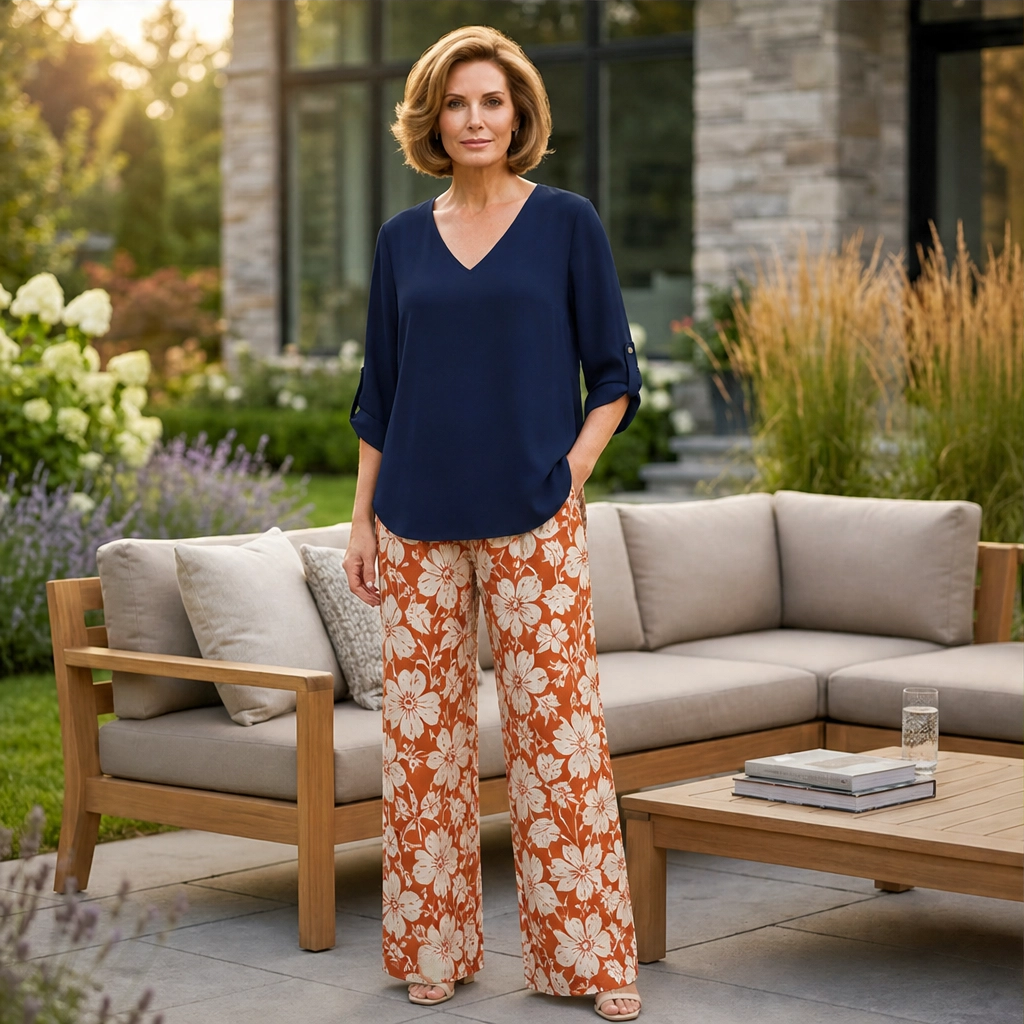 Marisola™ – Effortless V-Neck Blouse &amp; Wide-Leg Palm-Print Pants Set + 50% OFF