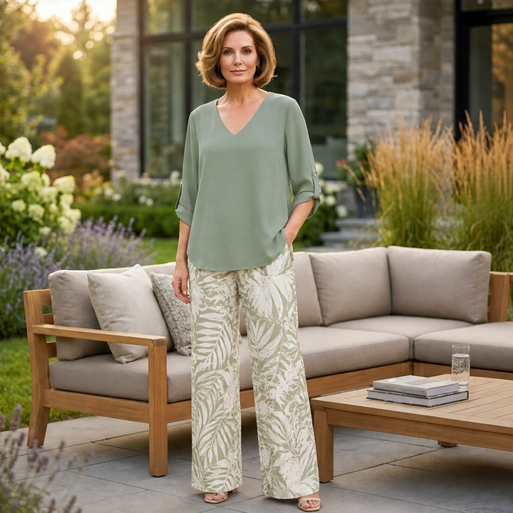 Marisola™ – Effortless V-Neck Blouse &amp; Wide-Leg Palm-Print Pants Set + 50% OFF