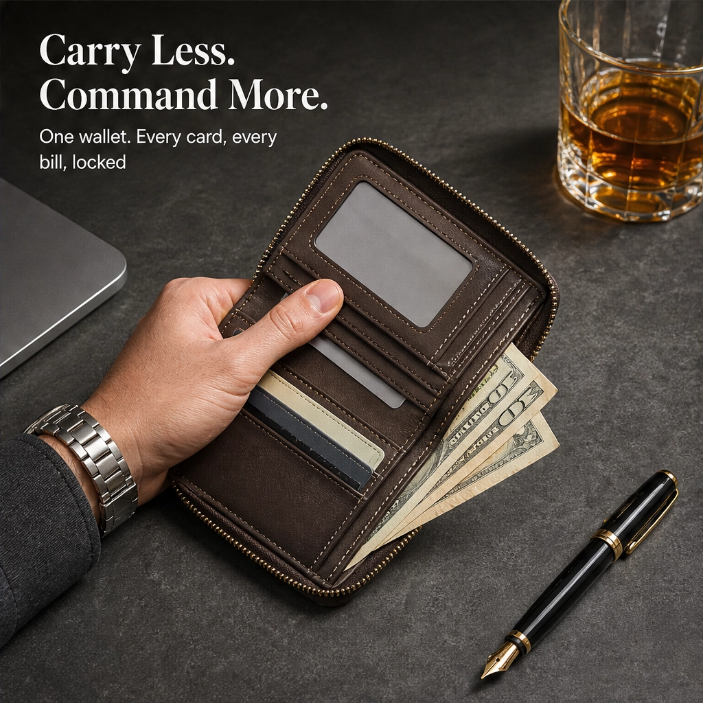 Vaulden – RFID-Blocking Zip-Around Slim Leather Wallet with ID Window + 50% OFF
