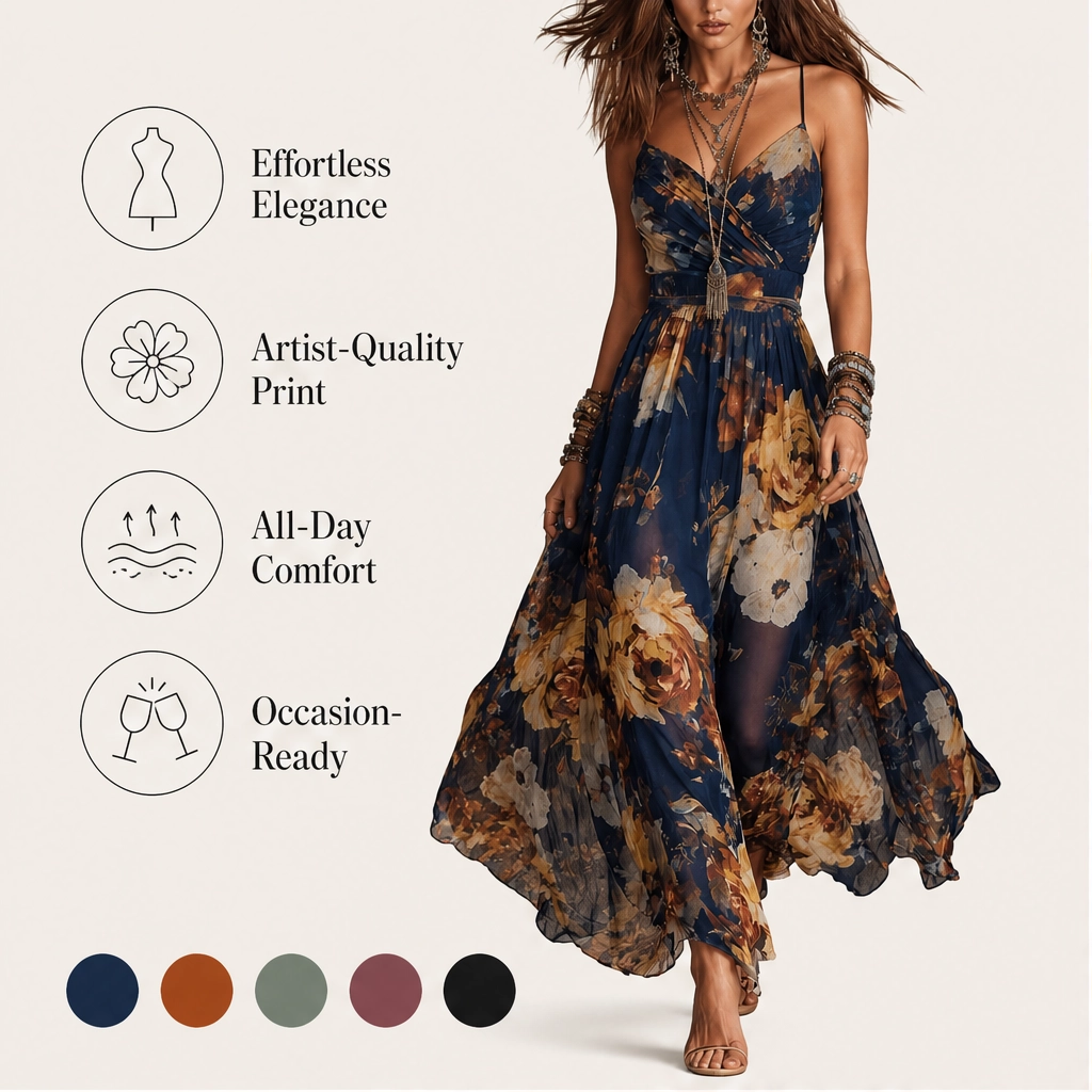 Fleurisse – Lined Oil-Painting Floral Chiffon Spaghetti-Strap Maxi Dress + 50% OFF