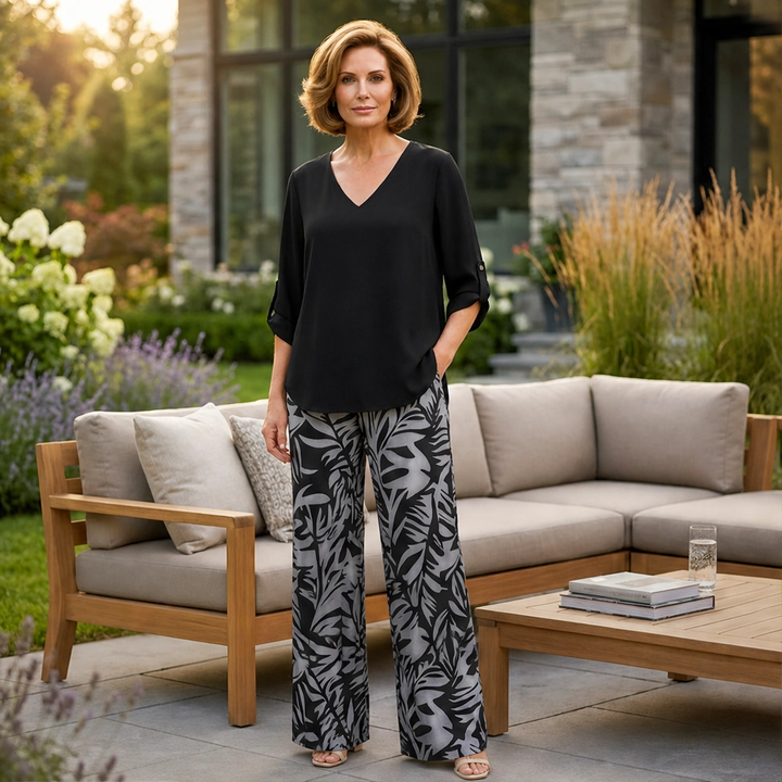 Marisola™ – Effortless V-Neck Blouse &amp; Wide-Leg Palm-Print Pants Set + 50% OFF