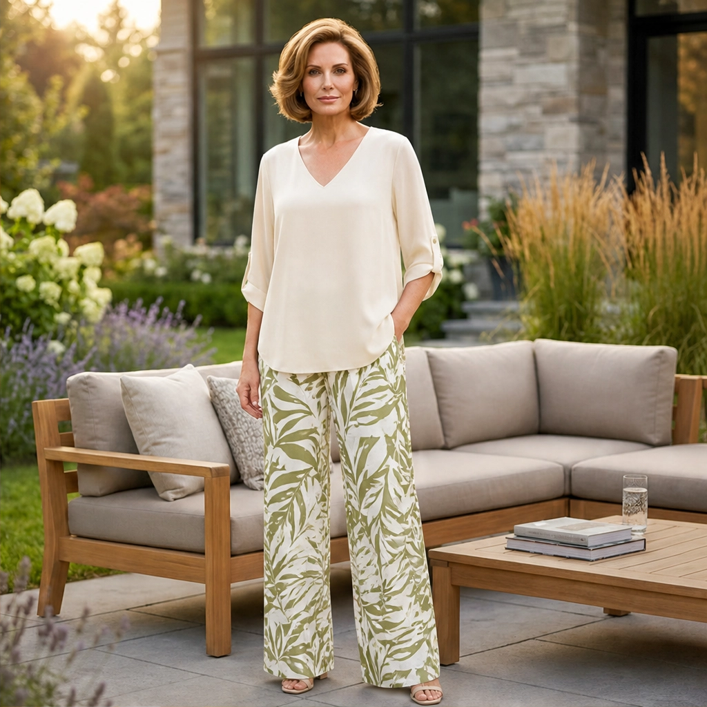 Marisola™ – Effortless V-Neck Blouse &amp; Wide-Leg Palm-Print Pants Set + 50% OFF