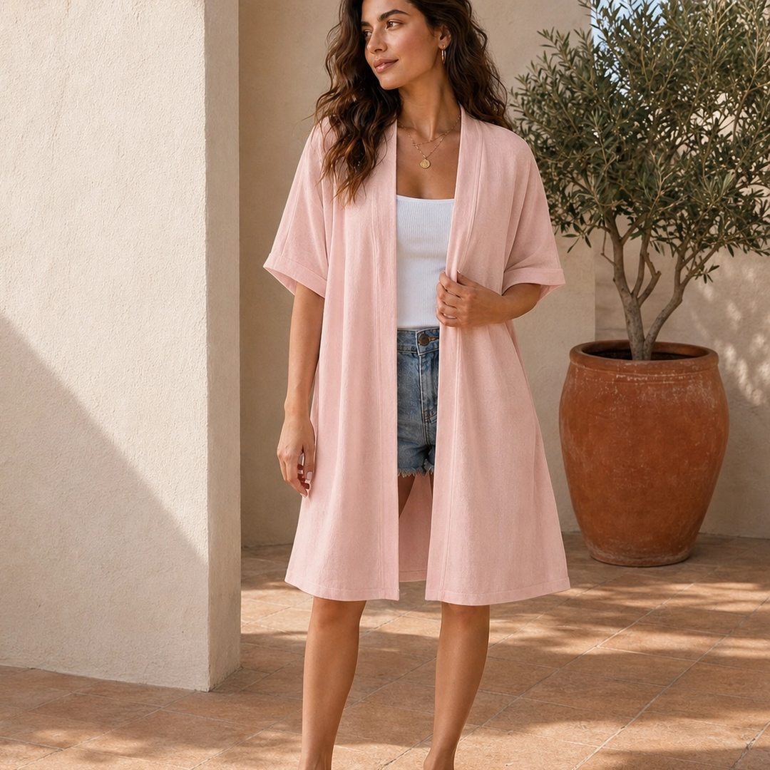 Solène – Lightweight Flowy Open-Front Short-Sleeve Cardigan + 50% OFF