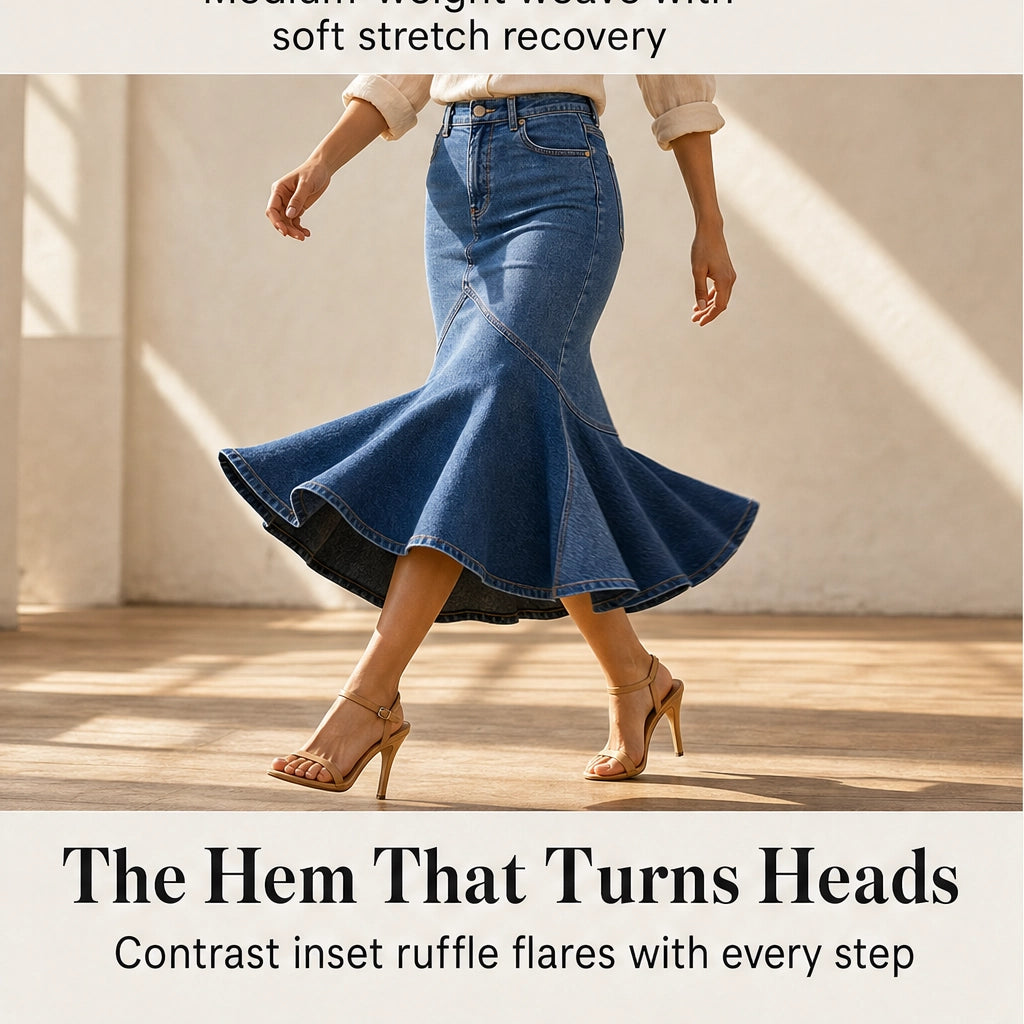 Vesperelle™ – High-Waist Flared Fishtail Denim Midi Skirt + 50% OFF