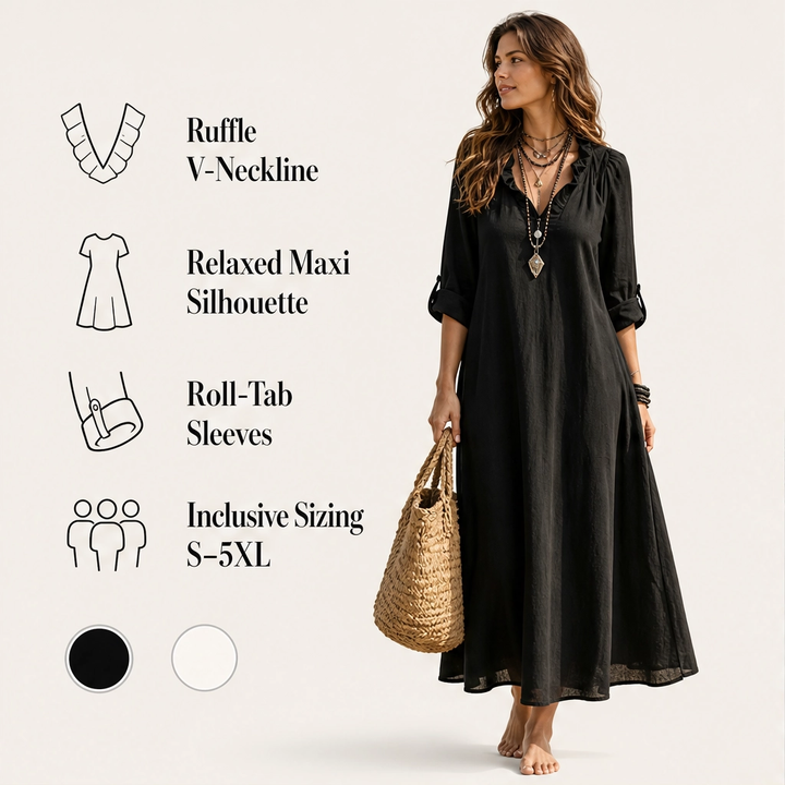 Marisol – Ruffle V-Neck A-Line Maxi Dress with Pockets, Lightweight &amp; Flowy + 50% OFF