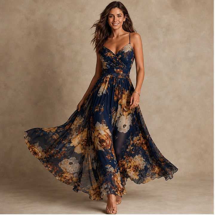 Fleurisse – Lined Oil-Painting Floral Chiffon Spaghetti-Strap Maxi Dress + 50% OFF
