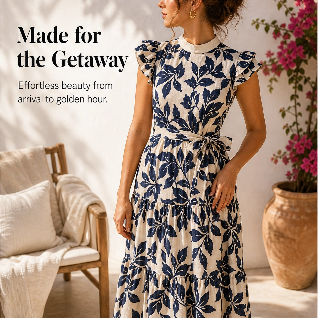 Solenne – Flutter Sleeve Tie-Waist Floral Tiered Midi Dress + 50% OFF