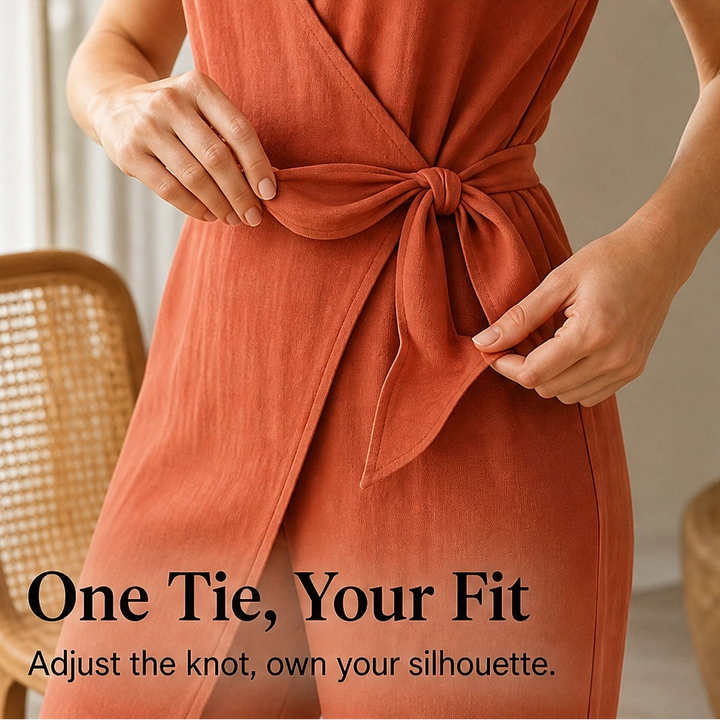 Seralina – V-Neck Knot-Waist Wide-Leg Jumpsuit + 50% OFF