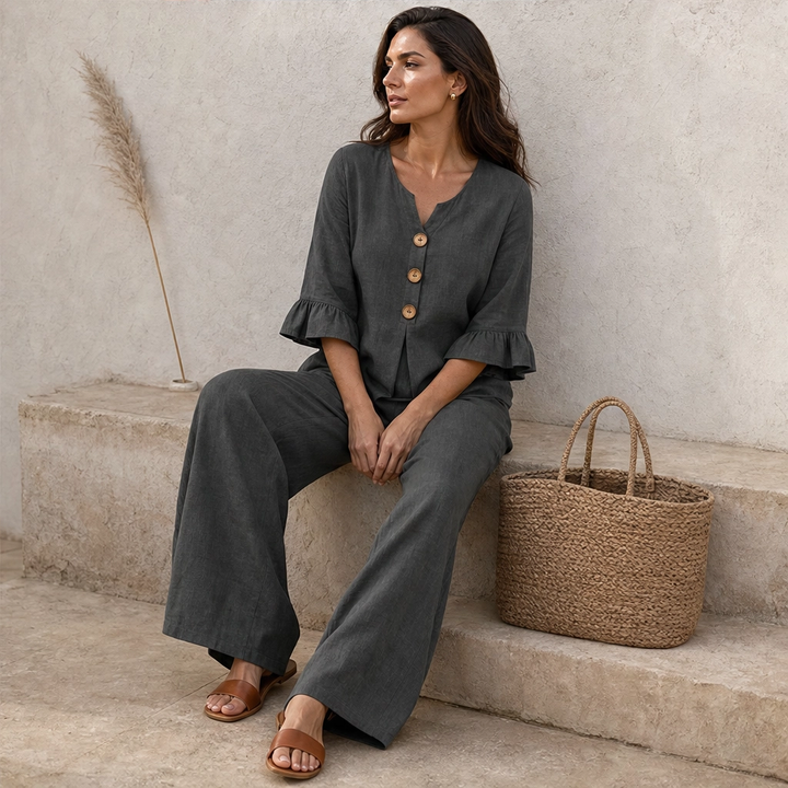 Linvelle – Ruffle-Sleeve Linen-Blend Wide-Leg Lounge Set + 50% OFF