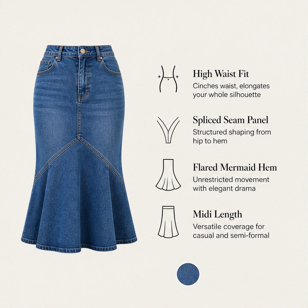 Vesperelle™ – High-Waist Flared Fishtail Denim Midi Skirt + 50% OFF