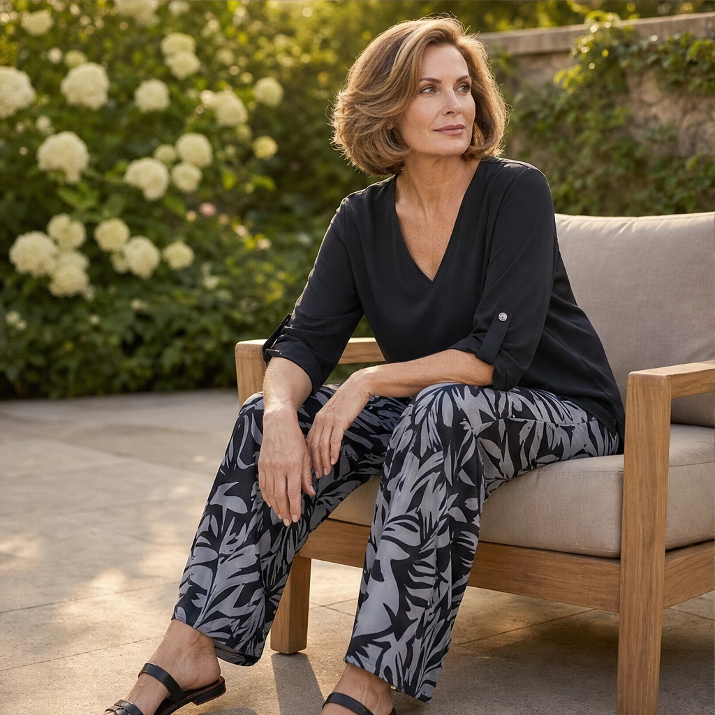 Marisola™ – Effortless V-Neck Blouse &amp; Wide-Leg Palm-Print Pants Set + 50% OFF