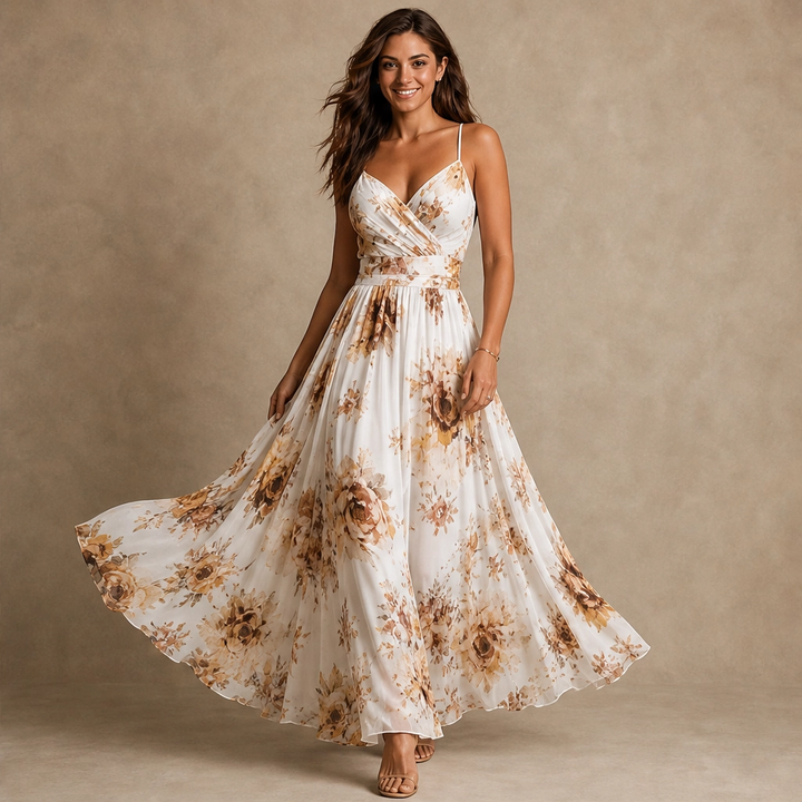 Fleurisse – Lined Oil-Painting Floral Chiffon Spaghetti-Strap Maxi Dress + 50% OFF