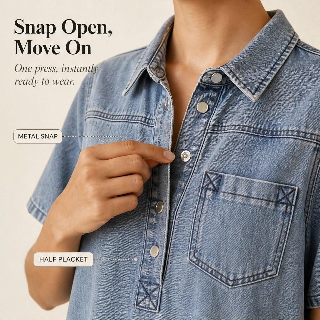 Willowen™ – Flowy Half-Button Denim Shirt Mini Dress with Pockets + 50% OFF