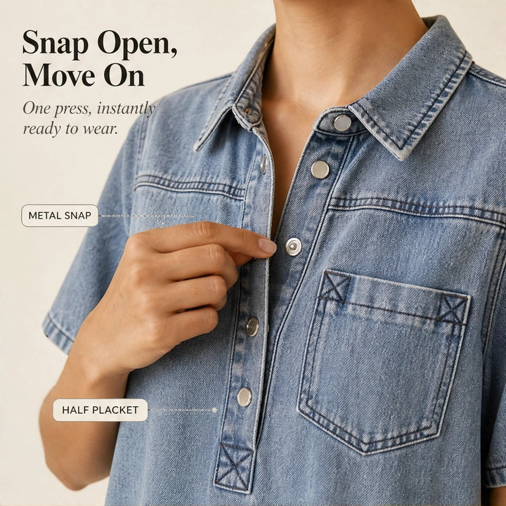 Willowen™ – Flowy Half-Button Denim Shirt Mini Dress with Pockets + 50% OFF