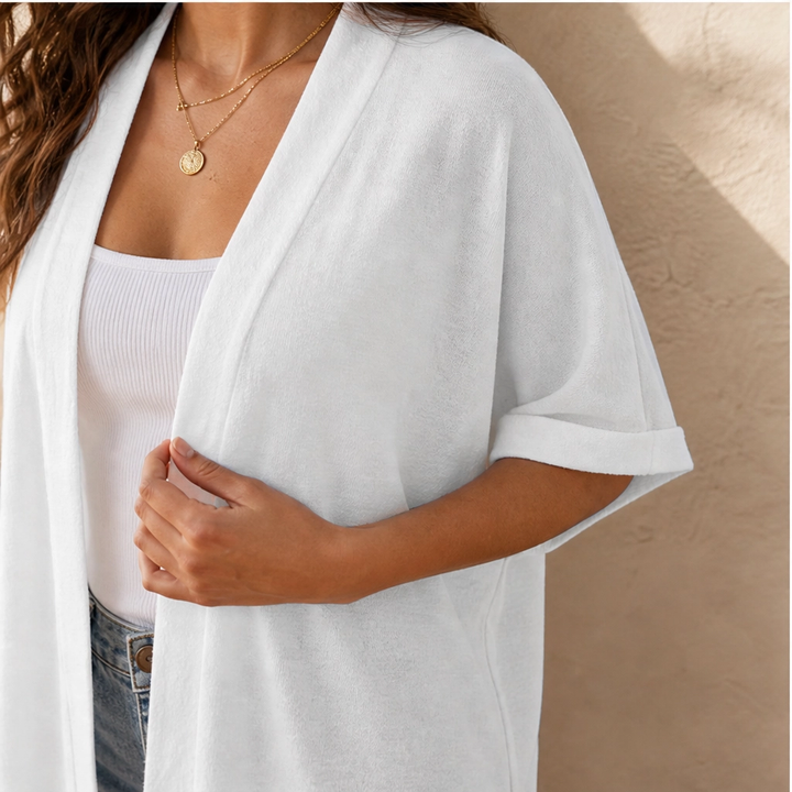 Solène – Lightweight Flowy Open-Front Short-Sleeve Cardigan + 50% OFF