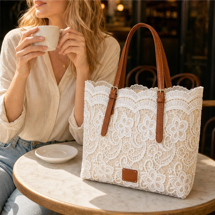 Lacewell™ – Vintage Lace Tote Bag with Leather Straps &amp; Magnetic Snap + 50% OFF