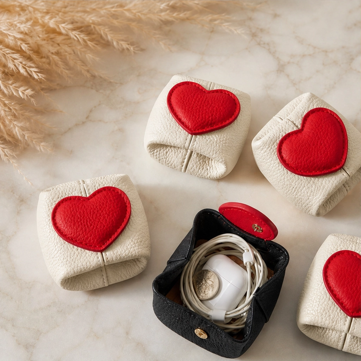 Pebble &amp; Heart – Top-Grain Leather Squeeze-Top Mini Coin Pouch with Heart Detail + 1+1 FREE