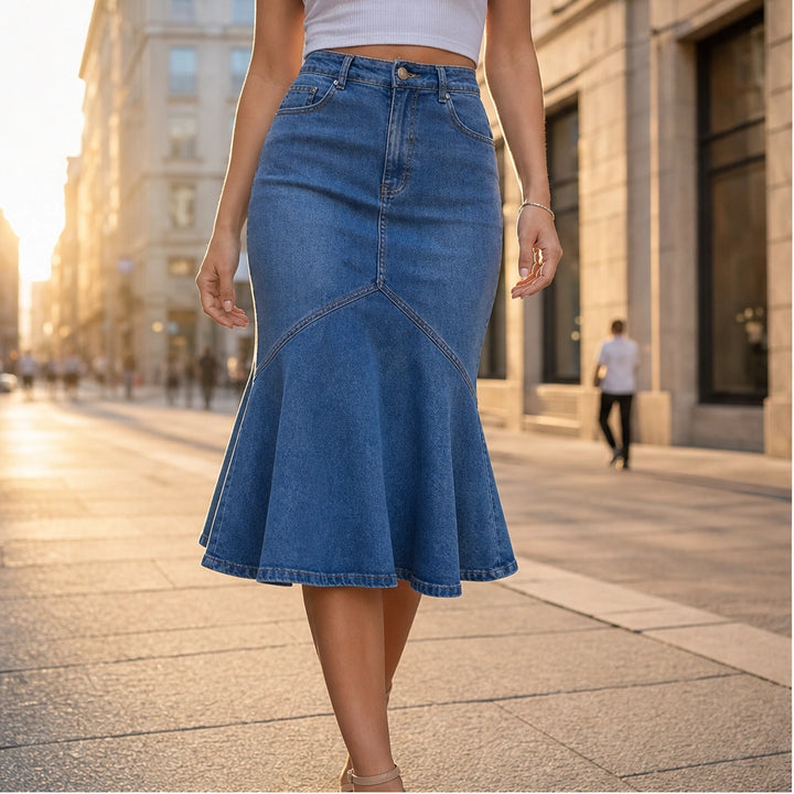 Vesperelle™ – High-Waist Flared Fishtail Denim Midi Skirt + 50% OFF