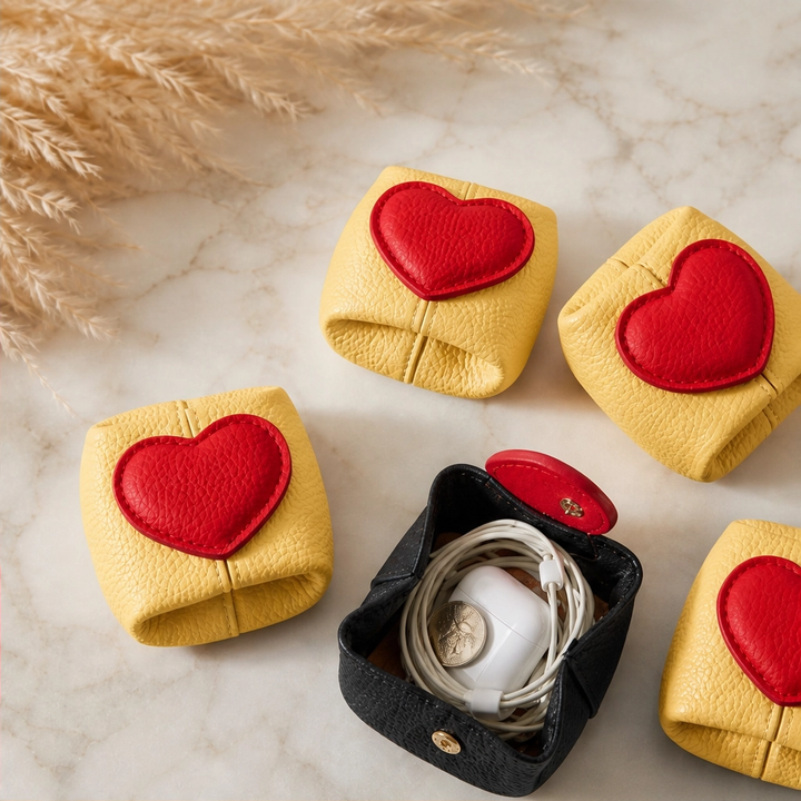Pebble &amp; Heart – Top-Grain Leather Squeeze-Top Mini Coin Pouch with Heart Detail + 1+1 FREE