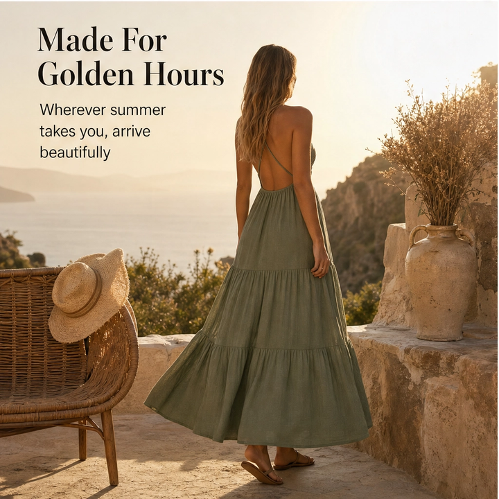 Sundara™ – Flowing Halter Backless Tiered Resort Maxi Dress + 50% OFF
