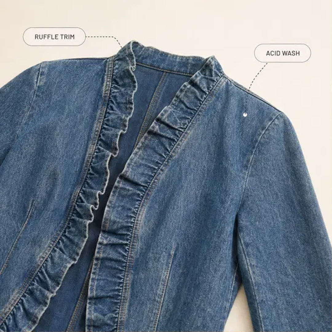 Wisteria™ – Ruffle-Trim Open-Front Lightweight Denim Jacket + 50% OFF