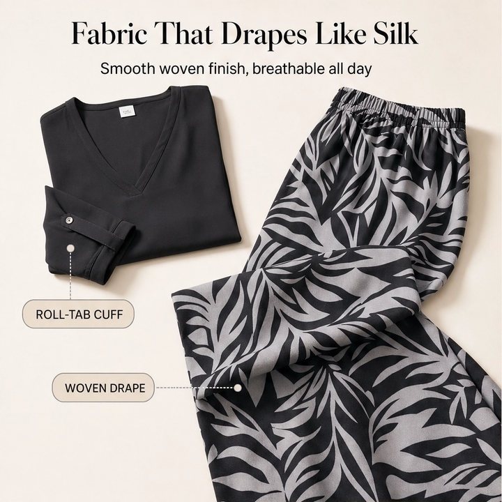 Marisola™ – Effortless V-Neck Blouse &amp; Wide-Leg Palm-Print Pants Set + 50% OFF