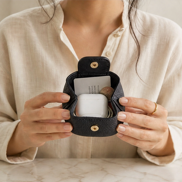 Pebble &amp; Heart – Top-Grain Leather Squeeze-Top Mini Coin Pouch with Heart Detail + 1+1 FREE