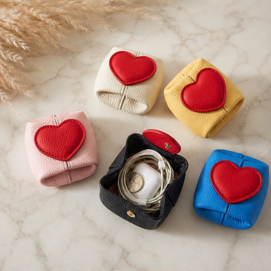 Pebble &amp; Heart – Top-Grain Leather Squeeze-Top Mini Coin Pouch with Heart Detail + 1+1 FREE