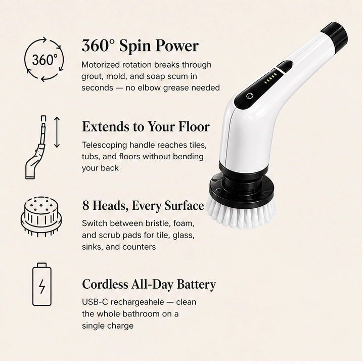 Gleam – Cordless Electric Spin Scrubber with 7 Brush Heads &amp; Telescopic Handle + 50% OFF