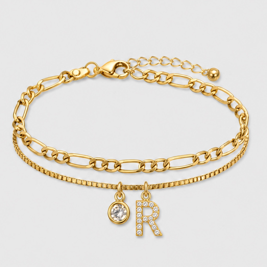 Solène™ – Layered Gold-Tone Anklet with Initial Charm &amp; Rhinestones + 1+1 FREE