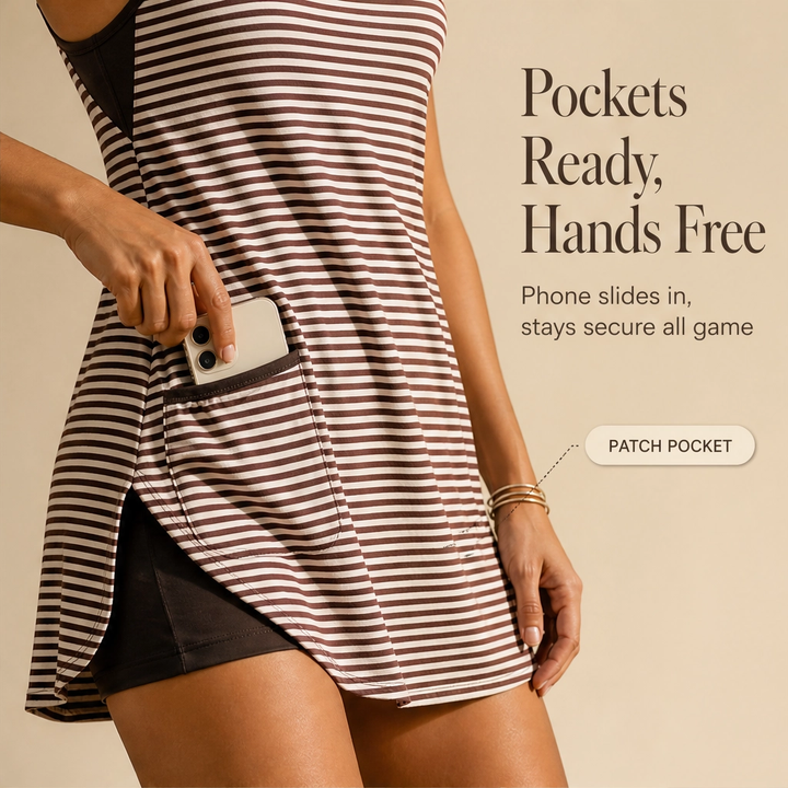 Brookline™ – Striped V-Neck Tennis Dress with Built-In Shorts + 50% OFF
